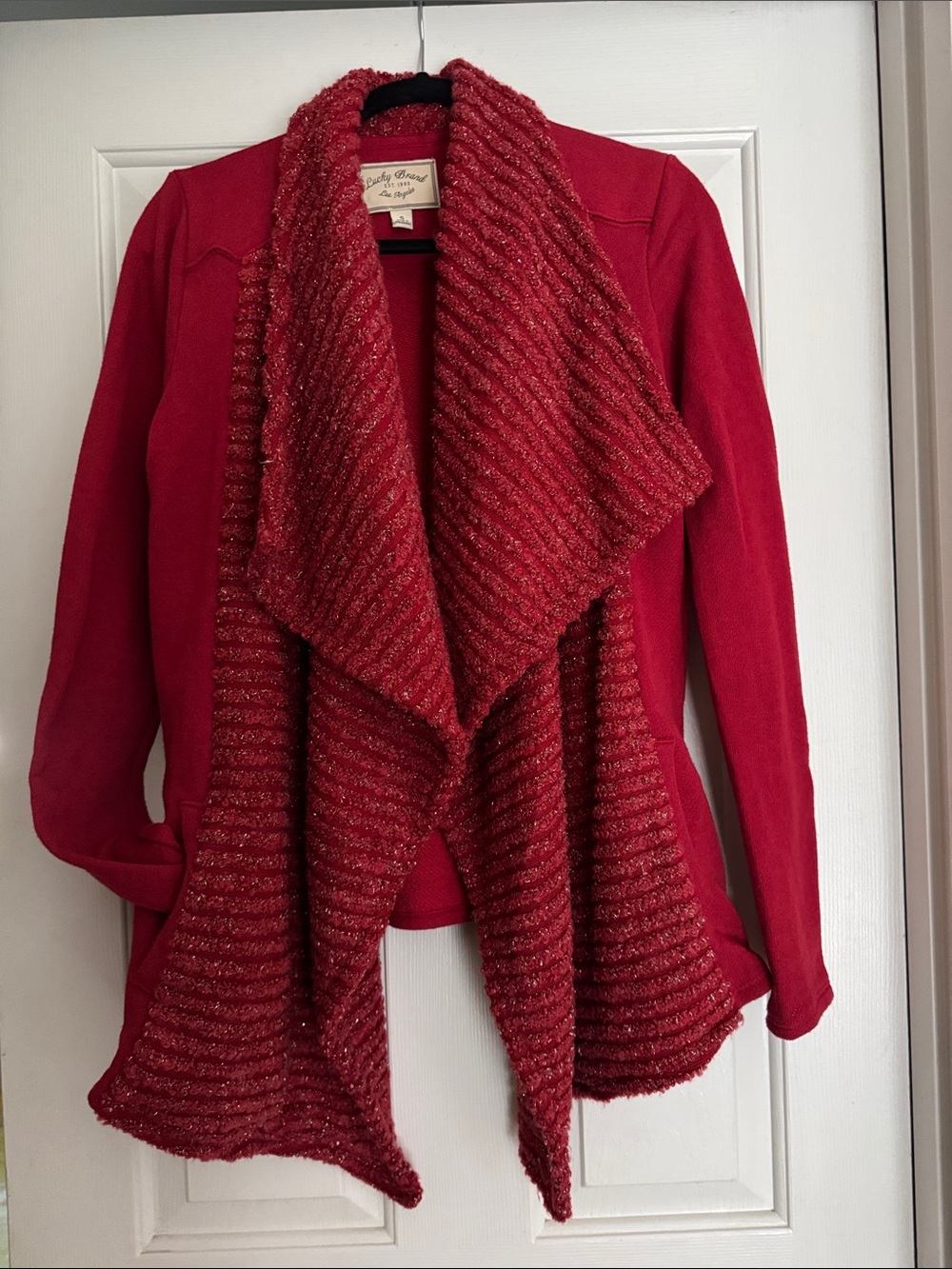 Lucky Brand Red Draped Open-Front Cardigan with Textured Shawl Collar